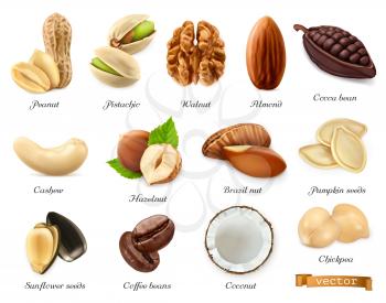 Nuts, seeds and beans 3d vector realistic objects set. Peanut, pistachio, walnut, almond, cocoa bean, cashew, hazelnut, brazil nut, pumpkin seeds, sunflower seeds, coffee, coconut, chickpea