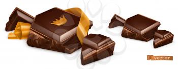 Pieces of chocolate with gold. 3d vector realistic objects