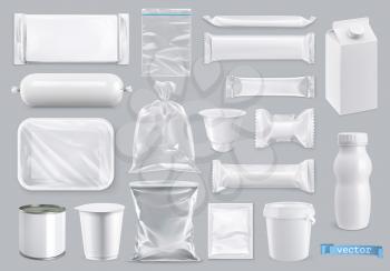 Polyethylene and polystyrene packaging for food, 3d realistic vector set mockup