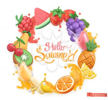 Sweet fruit logo. 3d vector objects. Hello summer plasticine art illustration