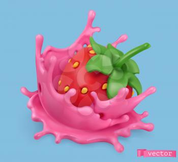 Sweet pink splash with strawberry. 3d realistic vector object