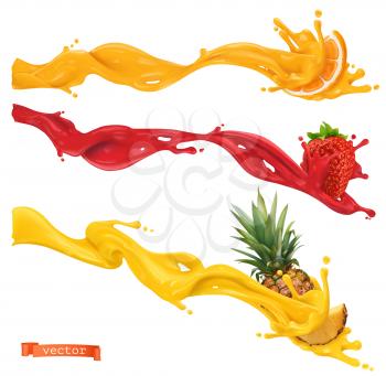 Sweet splashes. Orange, strawberry, pineapple. 3d realistic vector illustration