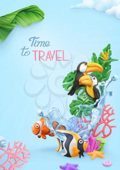 Time to travel background. 3d vector realistic illustration. Tropical jungle, coral reef, toucans, fish