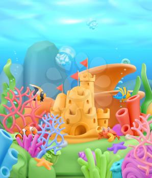 Underwater world landscape. 3d vector cartoon background. Plasticine art illustration