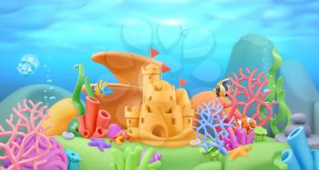 Underwater world panorama landscape. 3d vector cartoon background. Plasticine art illustration