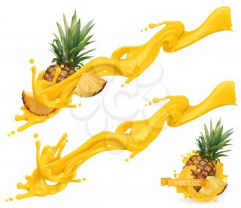 Yellow sweet splash and pineapple. 3d realistic vector illustration