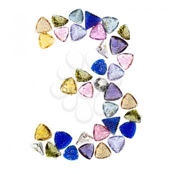 Gemstones numbers collection, figure 3. Isolated on white background.