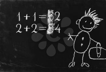 Simple math operation writing chalk on blackboard.