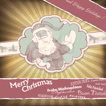 Retro Santa Claus greetings in different languages. Christmas background, vector, EPS10