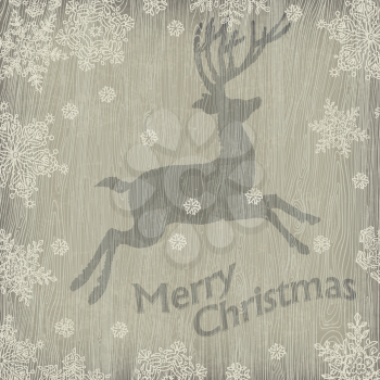 Christmas deer with snowflakes on wooden texture. Vector illustration, EPS10.