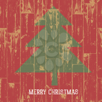Christmas tree symbol and greetings on wooden planks texture. Vector illustration, EPS10.
