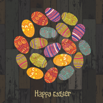 Easter eggs. Circle shaped on wooden planks background. Vector, EPS10