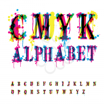 CMYk alphabet. Composition from unrecognized different letters and drops and streaks. Contains three separate layers, easily edit and mix colors.