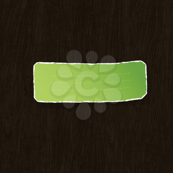 Green torn label on wooden texture. Vector illustration, EPS10