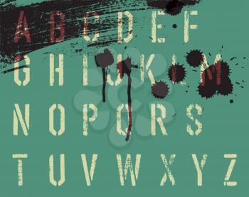 Grunge stencil alphabet with drops and streaks. Vector, EPS10