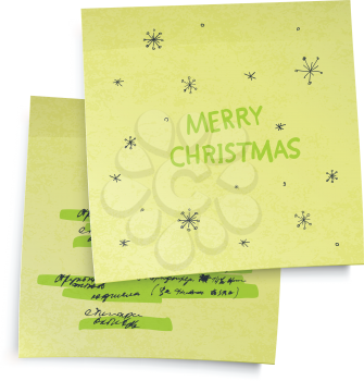Business yellow sticky notes with Merry Christmas greetings. Vector illustration, EPS10.