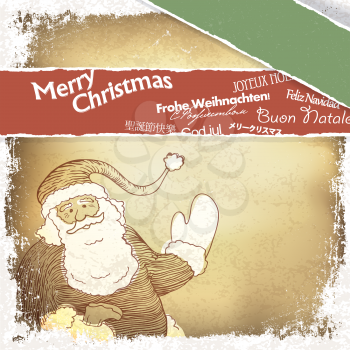 Retro Santa Claus greetings in different languages. Vector, EPS10