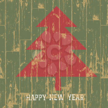 New year tree symbol with greetings on wooden planks texture. Vector illustration, EPS10.