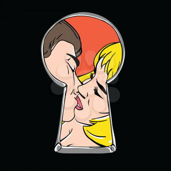 Peeping couple kiss through keyhole.