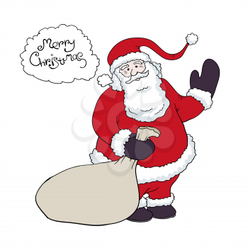 Santa Claus with a sack of gifts congratulations says in baloon. Vector illustration, eps8.