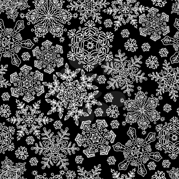 Seamless snowflakes pattern. White on black, vector, EPS8
