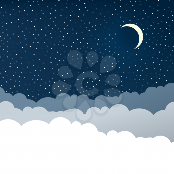Night sky with clouds (isolated copyspace), stars and crescent moon.