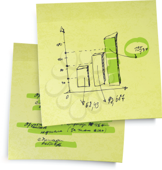 Successful business graph on sticky yellow paper. Realistic vector illustration, EPS10.