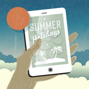 Summer holidays conceptual illustration. Smart phone in hand. Vector 