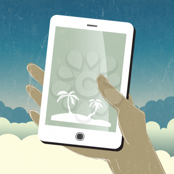 Summer travel conceptual illustration. Smart phone in hand. Vector