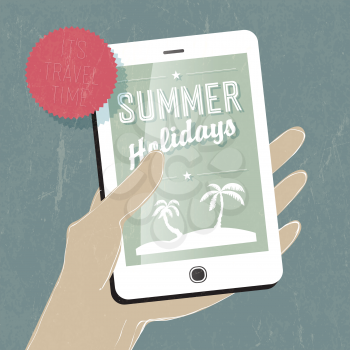Summer travel conceptual illustration. Smart phone in hand. Vector