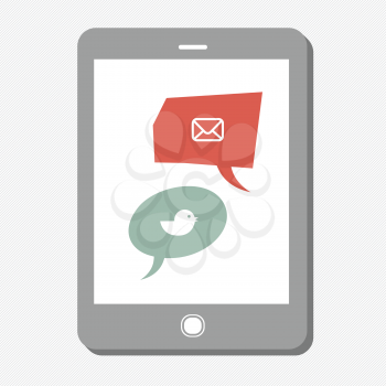 Tablet device with social media icons in speech bubbles. Vector