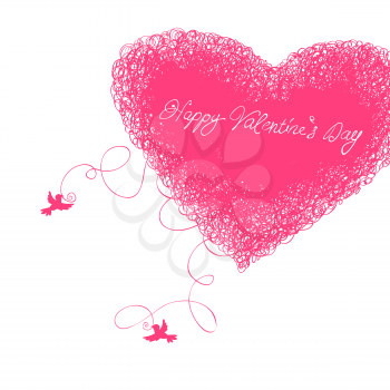 Two loving birds and heart symbol, woven from threads. Valentines day illustration with copyspace area.