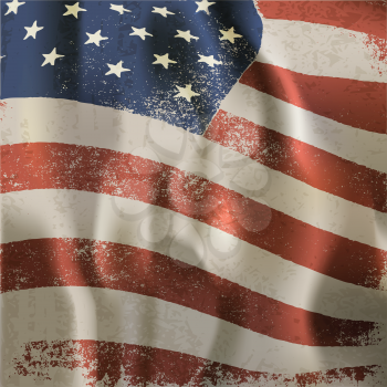 Waving vintage American flag textured background. With dry blood spots. Vector, EPS10
