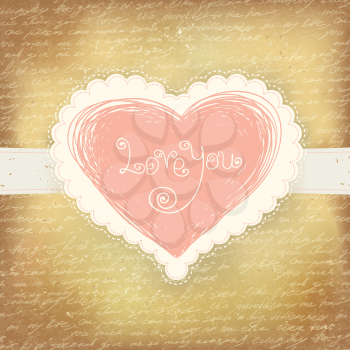 Beautiful greeting vintage Valentine`s card with pink heart. Vector, EPS10.
