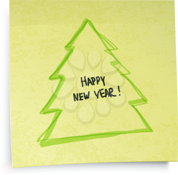 Yellow sticky notes with New Year tree. Vector illustration, EPS10.