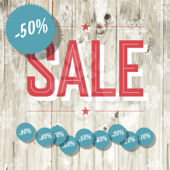 Sale retro poster. Template with wooden texture and different discount tags