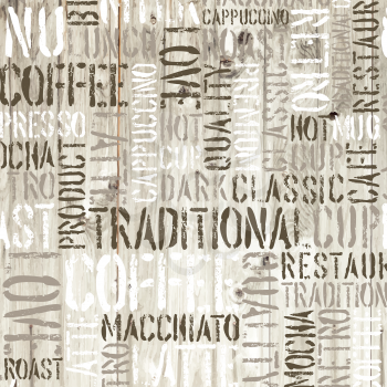 Coffee words on the wooden background. Vector