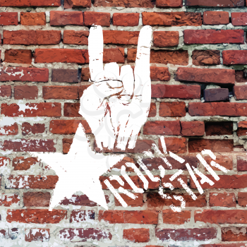 Rockstar symbol with sign of the horns gesture. Vector template with brick wall texture.