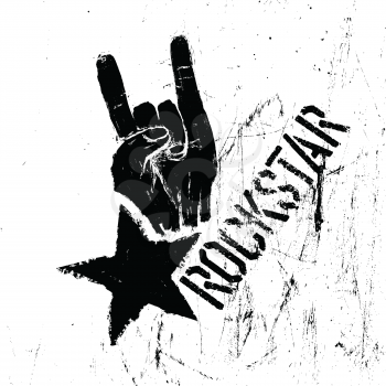 Rockstar symbol with sign of the horns gesture. Vector template with scratched texture.