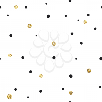 Abstract Seamless Pattern on White Background with Black and Golden Chaotic Dots.Vector Template for Packaging Designs and Invitation Cards Decoration etc