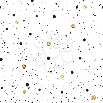 Abstract Seamless Pattern on White Background with Black and Golden Chaotic Dots.Vector Template for Packaging Designs and Invitation Cards Decoration