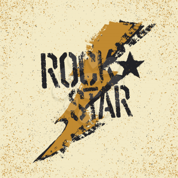 Rockstar. Grunge lettering with thunderbolt symbol. Tee print design template