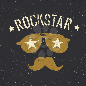 Rockstar. Sunglasses with stars and moustache with lettering. Tee print design template