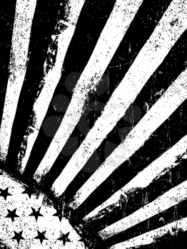Stars and Rays. Monochrome Negative Photocopy American Flag Background. Grunge Aged VectorTemplate. Vertical orientation. 