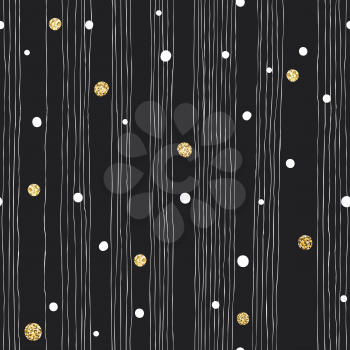 Abstract Hand Drawn Seamless Pattern on White Background with Black and Golden Chaotic Dots and Thin lines.Vector Template for Packaging Designs and Invitation Cards Decoration etc