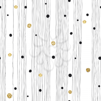 Hand Drawn Seamless Pattern on White Background with Thin Line and Black and Golden Chaotic Dots.Vector Template for Packaging Designs and Invitation Cards Decoration etc