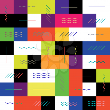 Geometric colorful background. Seamless. Colorful square tiles and contrast straight, zigzag, repeat, wave and chevron lines. Good for packaging backgrounds etc