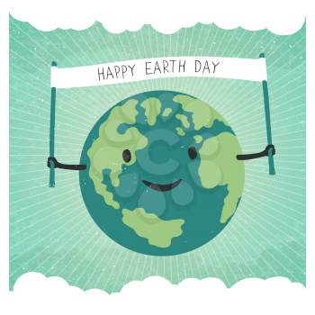 Cartoon Earth Illustration. Planet smile and hold banner with Happy Earth Day words. On sunbeam rays background. Sky with clouds background. Grunge layers easily edited.