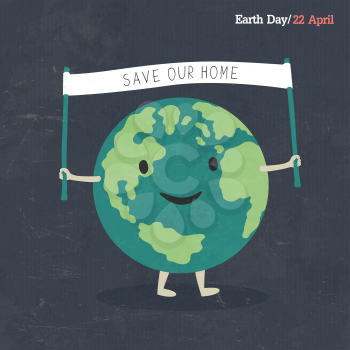 Earth Day Poster. Earth Cartoon Illustration. On dark grunge texture. Grunge layers easily edited.