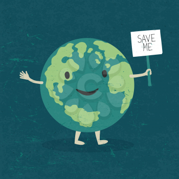 Cartoon Earth Illustration. Planet smile and hold banner with Save Me words. On old paper texture. Grunge layers easily edited.